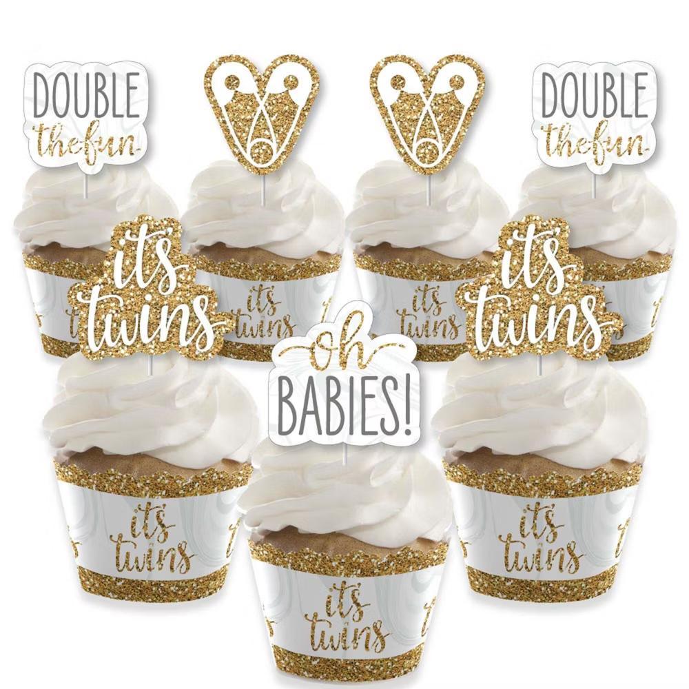 It's Twins - Cupcake Decoration - Gold Twins Baby Shower Cupcake Wrappers and Treat Picks Kit - Set of 24 - Image 3