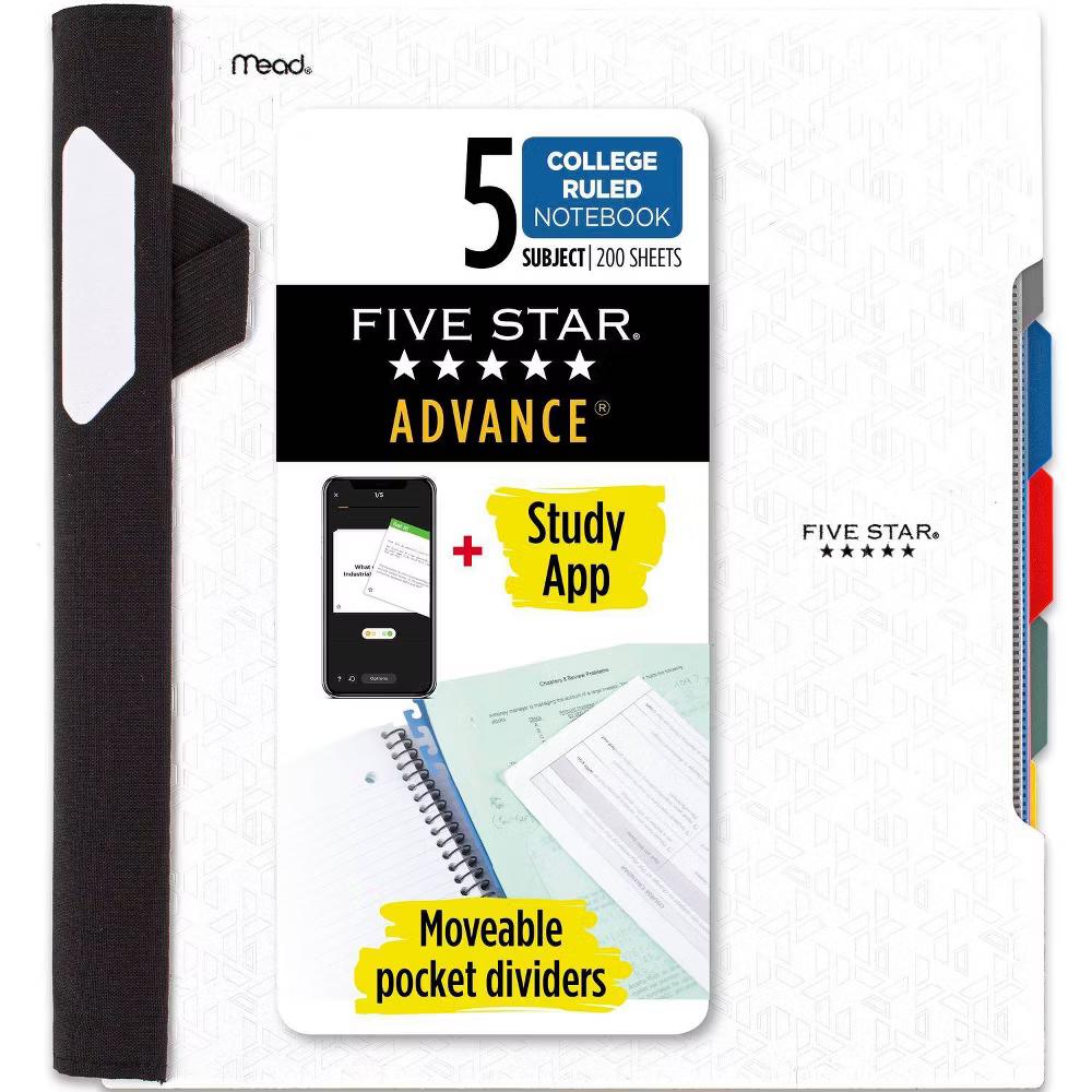 Five Star 200 Sheets 5 Subject College Ruled Spiral Notebook with Pocket Dividers White: School Supplies, 3 Hole Punched - Image 2