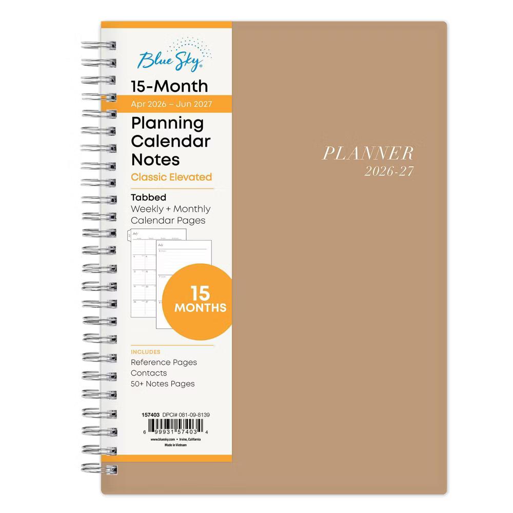 Blue Sky 5.875"x8.625" 2026-2027 Planner Notes BS Solid Sand Weekly/Monthly 15 Months Safety Wirebound
