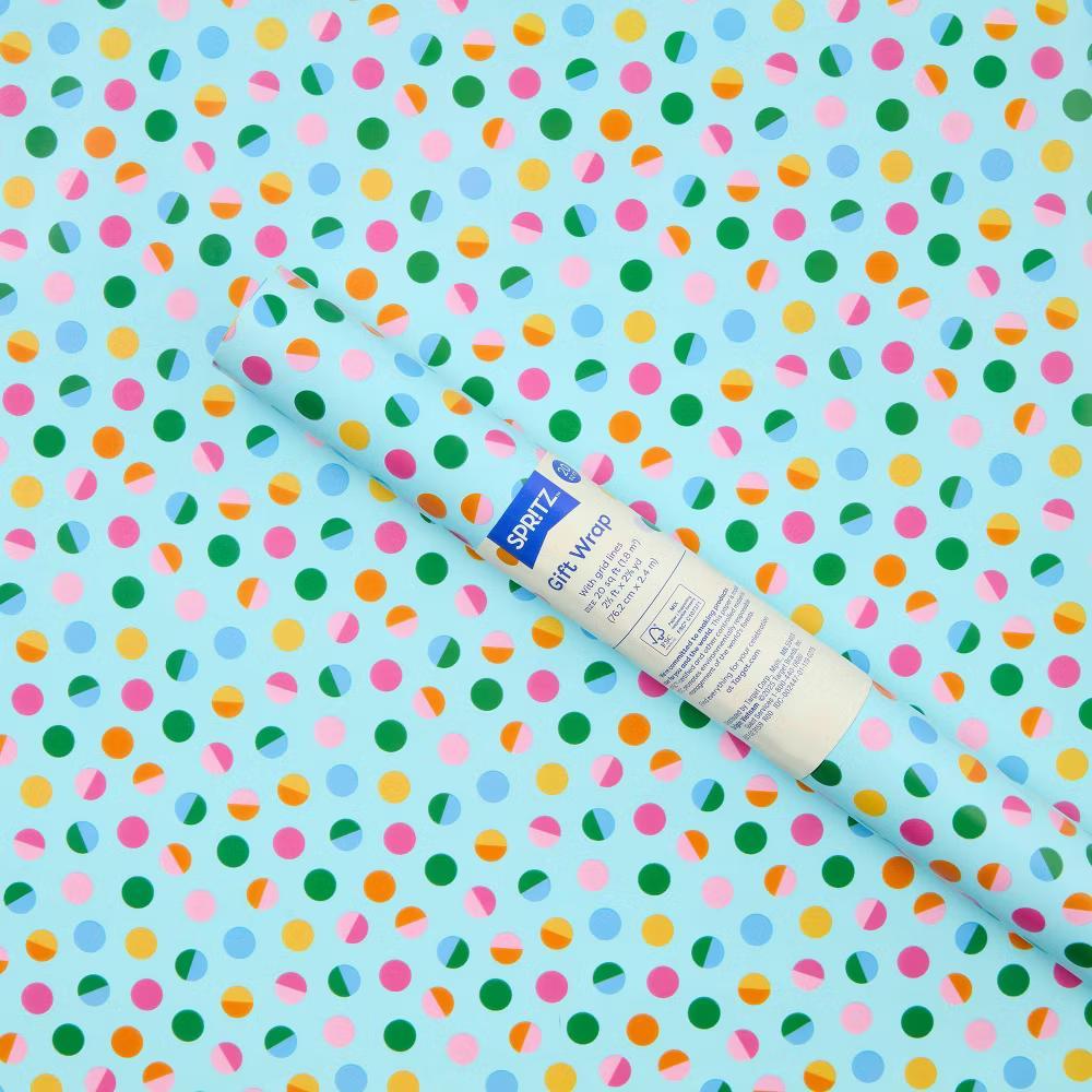 96"x30" Polka Dot Wrapping Paper Blue/Colorful - Birthday Gift Wrap, Multi-Colored- 96" 30"