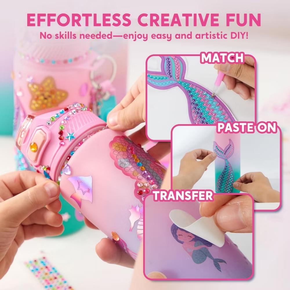 Water Bottle DIY Kit for Kids - Mermaid/Unicorn Theme, Gem Painting Arts & Crafts, Birthday Christmas Gift School Supplies for Girls Age 6 - Image 9