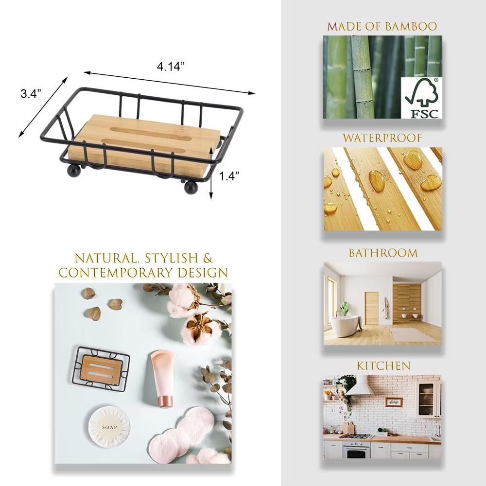 French Home Goods Bamboo Soap Dish Tray with Metal Wire Frame – Self-Draining Design, Ideal for Bathroom or Kitchen Counters