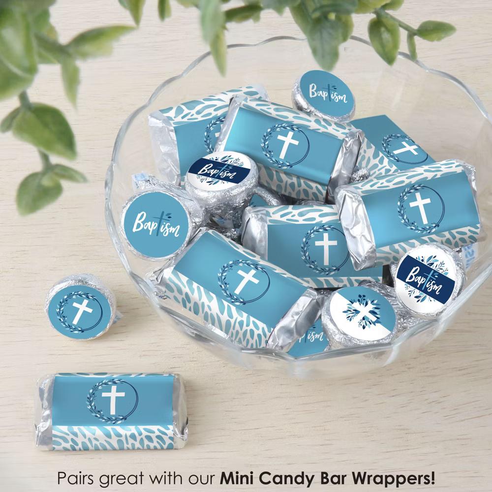 Baptism Blue Elegant Cross - Boy Religious Party Small Round Candy Stickers - Party Favor Labels - 324 Count - Image 6