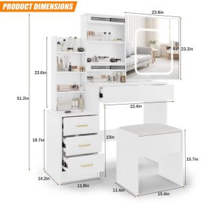 Makeup Vanity Table with Sliding LED Mirror Multi Layer Storage Drawers Built In Charging Station Padded Stool for Bedroom Beauty Station