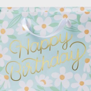 Medium Foil Print ‘Happy Birthday’ Daisies Birthday Gift Bag Blue/White
