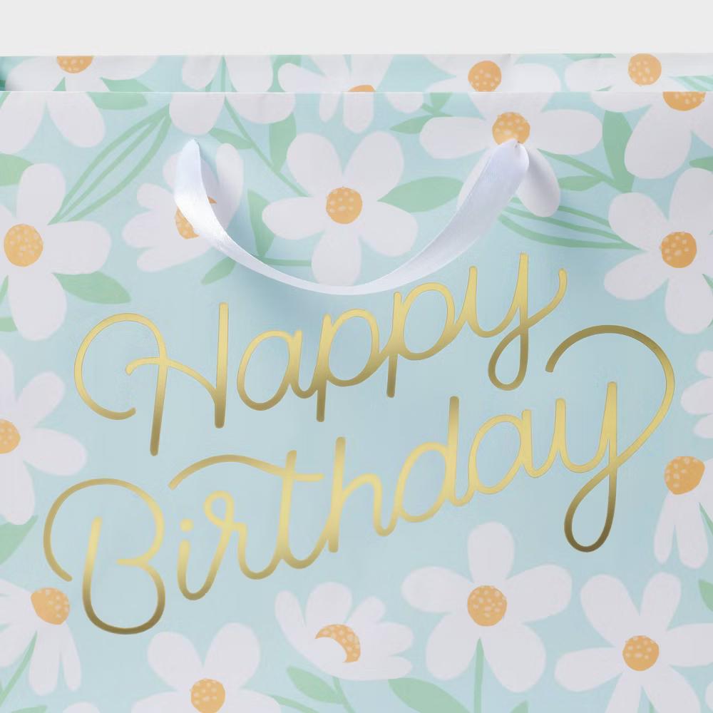 Medium Foil Print ‘Happy Birthday’ Daisies Birthday Gift Bag Blue/White