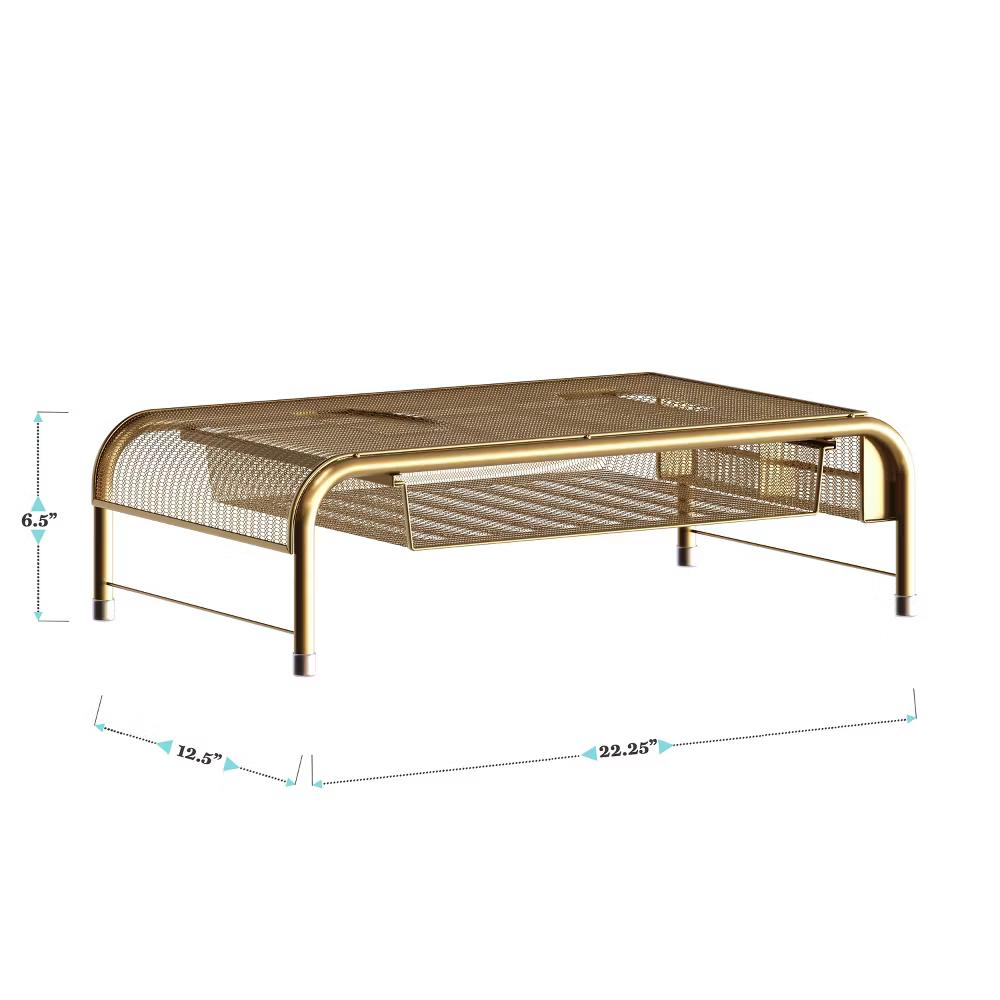 Martha Stewart Ryder Gold Mesh Metal Desktop Monitor Stand Riser with Organizer Drawer and Side Storage - Image 5