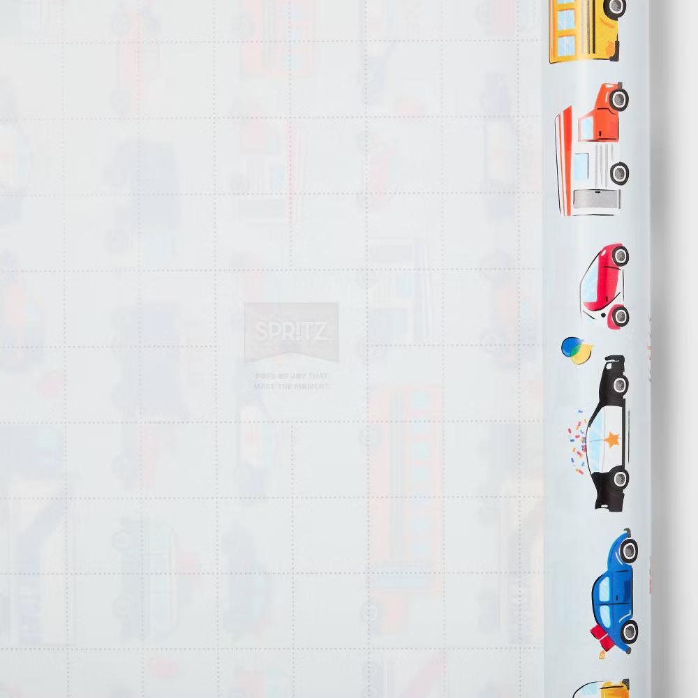 Vehicles Gift Wrapping Paper - Multicolor Sports Theme, Birthday Car Pattern, Boys Gift Wrap, 96" 30"