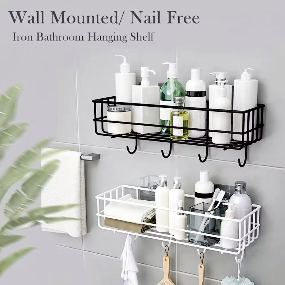Adhesive Wall Mounted Bathroom Organizer Shelf, Rustproof Shower Caddy Basket with Hooks, No Drilling - Image 2