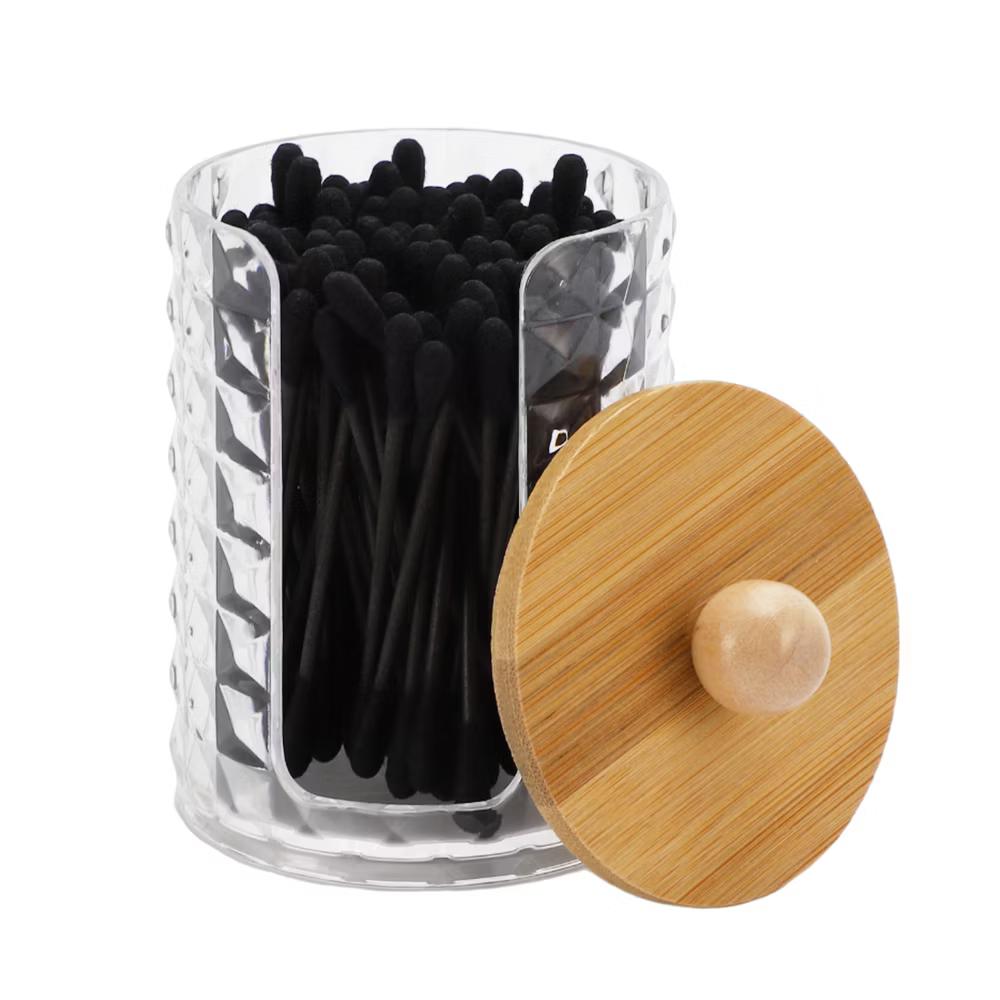 Acrylic Bamboo Wood Cotton Swab Jar for Bath Clear Wood Color 1 Pc - Image 3