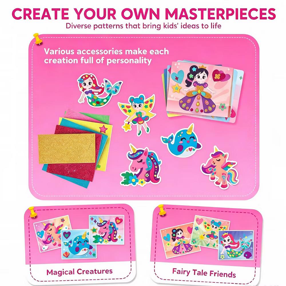 Girls Foam Art Kit Kids Unicorns/Princesses DIY Arts & Crafts with 6 Boards/800+ Stickers Creative Toy Christmas Birthday Gift for Girls Age 3-8 - Image 8