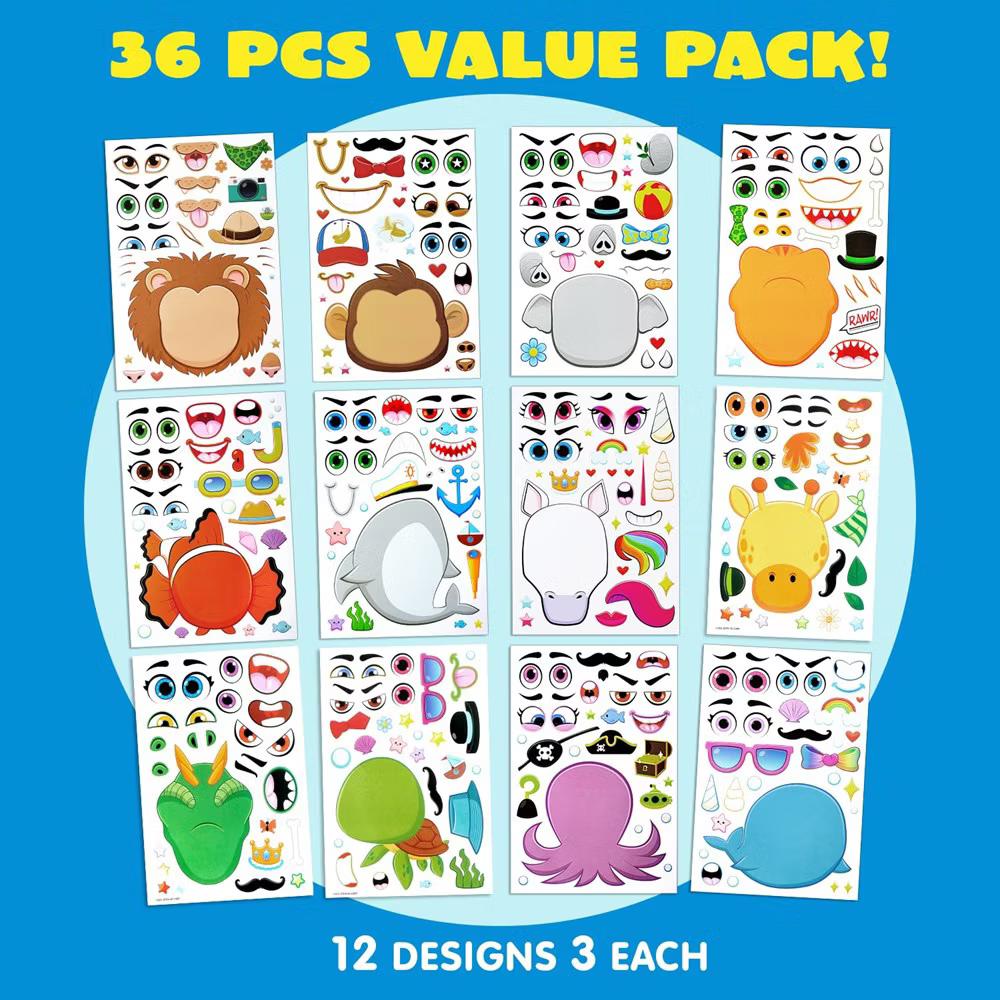 SYNCFUN 36 Pcs 10" Animal Mix and Match Make-a-Face Sticker Sheets Kids DIY Kits, Animals Kids Party Favor Supplies Craft - Image 2
