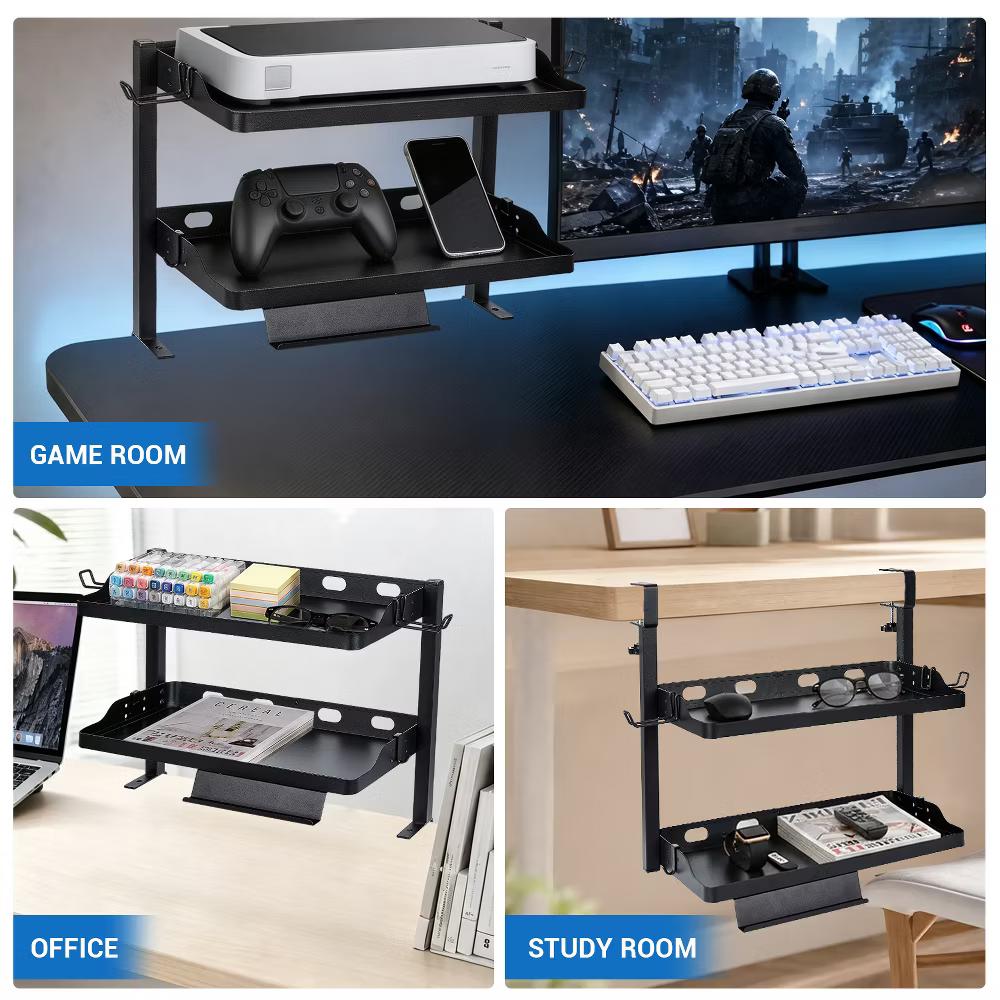 Adjustable 2-Tier over or Under Desk Mount Storage Rack –Multi-Functional Desktop and Under Desk Shelf Tray for Office Supplies - Image 5