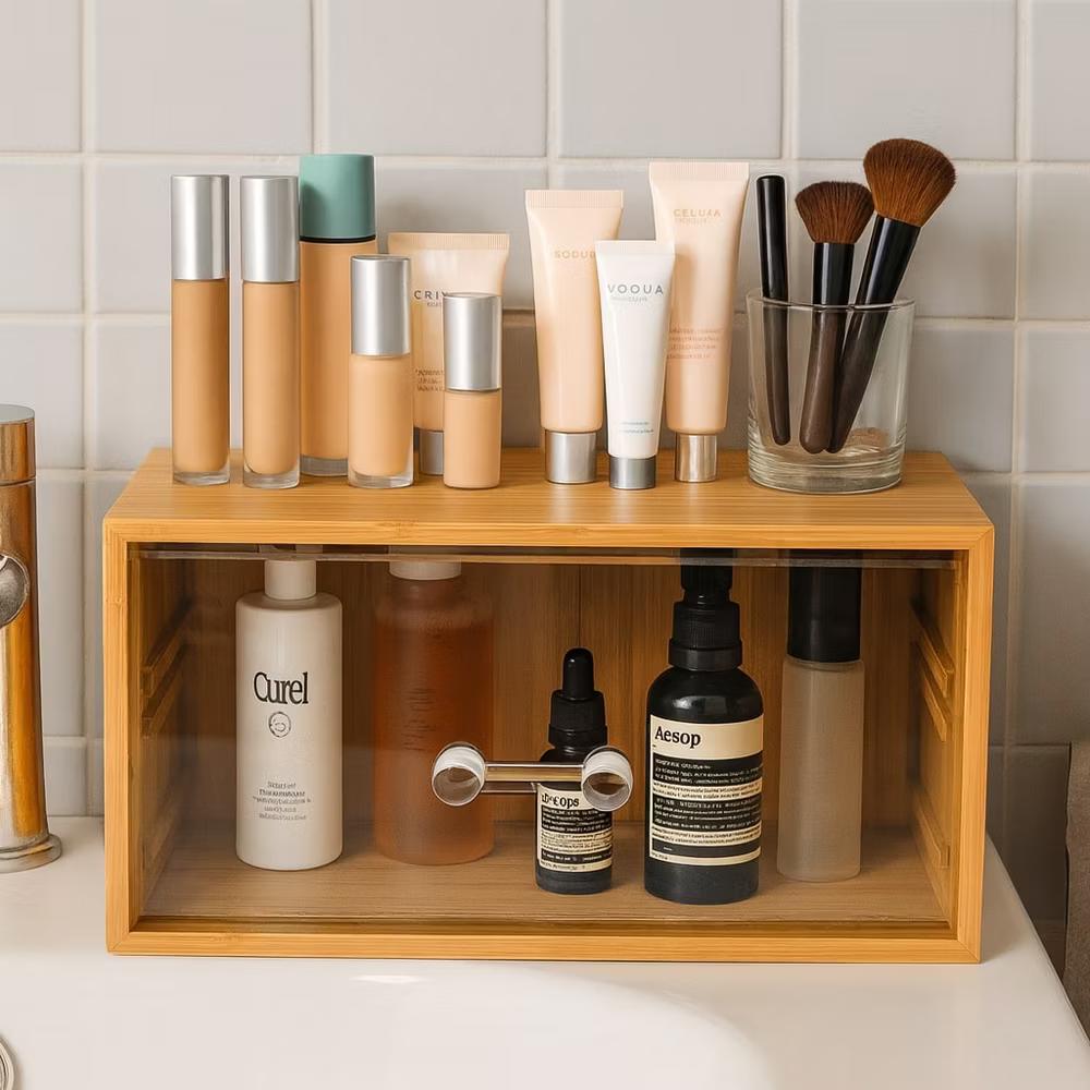 Bamboo Makeup Organizer with Clear Acrylic Drawer, Compact Single Drawer Bamboo Storage Box for Cosmetics & Skincare, Space-Saving Vanity Organizer - Image 2