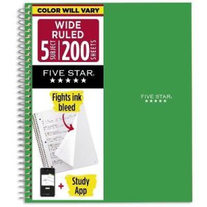 Five Star 200pg 5 Subjects Wide Ruled Spiral Notebook (Colors May Vary): Multi Subject, Perforated Pages, Flexible Cover
