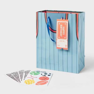 Small Customizable Sports Jersey Birthday Gift Bag with Tag and Stickers Blue - Image 3