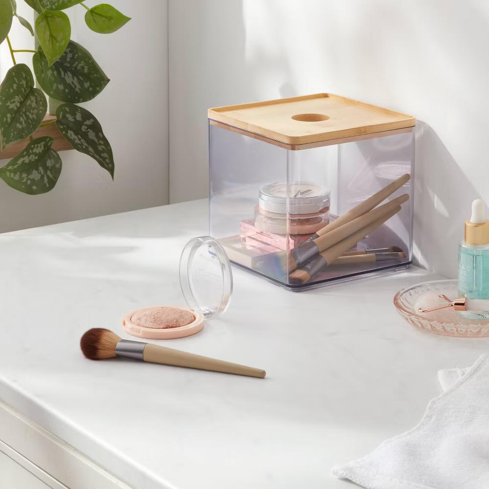 Clear Canister Large with Bamboo Lid - Bathroom Container with Lid, Qtip Holder, 6"x6"x6" Plastic