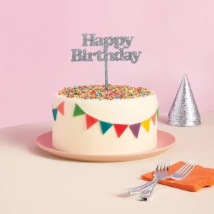 Happy Birthday Glitter Cake Topper Silver