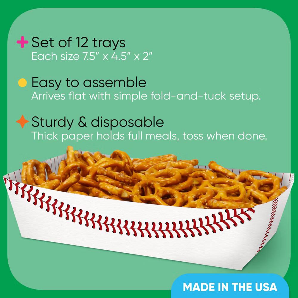Baseball Party Paper Food Trays, Disposable Double-Sided Paper Food Holders for Nachos, Hot Dogs, French Fries - 12 Ct - Image 5