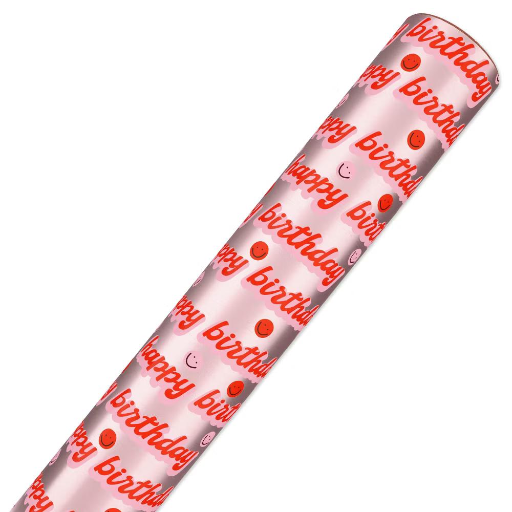 Happy Birthday Foil Wrapping Paper, Pink Smiley Faces 1 Roll 72"x30" - 15 sq ft - Designed by Spaghetti and Meatballs - Image 3