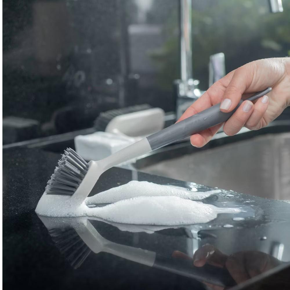 OU Cleaning Scrub Brush, Heavy Duty Cleaning Scrubber Brush for Bathroom & Kitchen, Nonslip Soft Silicone Grip Handle & Built-In Scraper - Image 3