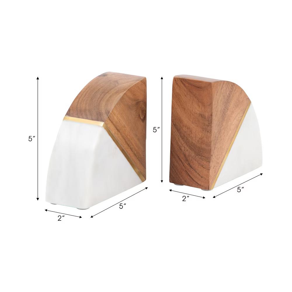 Stylish Curved Marble Book Ends with Wood Accent - Modern Bookend for Home Library, Desk, or Coffee Table Decor - Set of 2, 5", White & Brown - Image 3