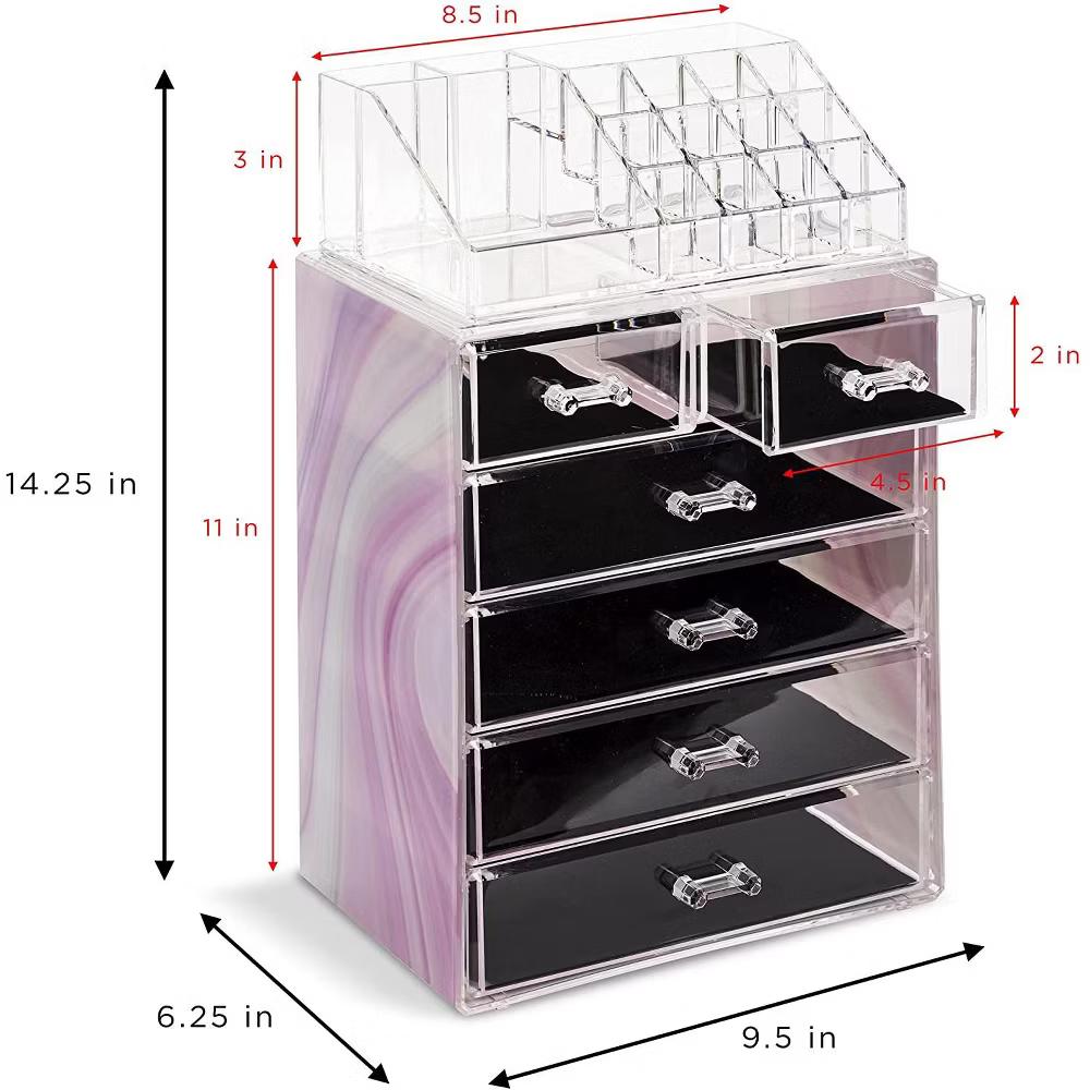 2 Piece Acrylic Makeup and Jewelry Storage Organizer Case (6 Drawers and Lipstick Tray) - Image 56