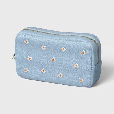 Embroidered Daisy Denim Single Zip Pencil Pouch - Image 3