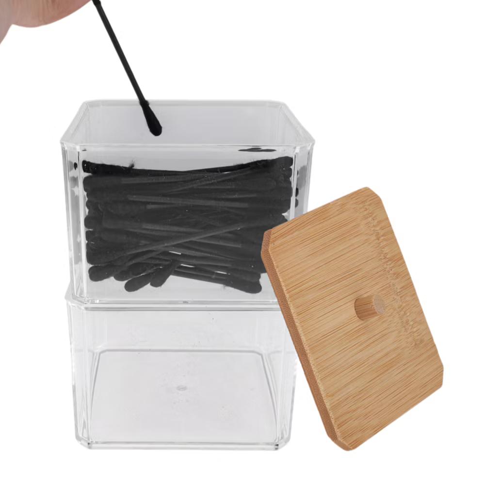 Square Bamboo Cover Acrylic Cotton Swab Holder Bathroom Transparent Wood-Tone 1 Pc - Image 3