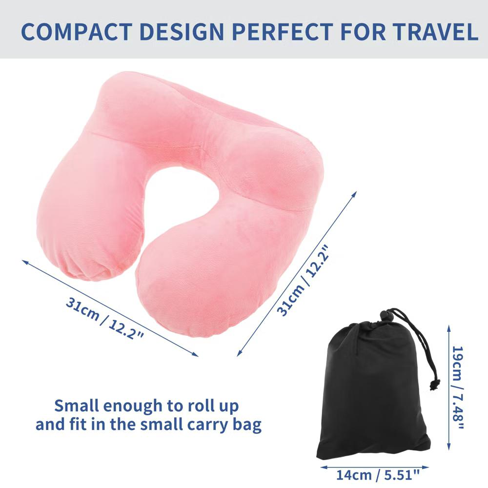 Neck Pillow W/ Storage Bag Eye Mask for Airplane Train Office Inflatable Travel Pillow Pink 1 Set - Image 4