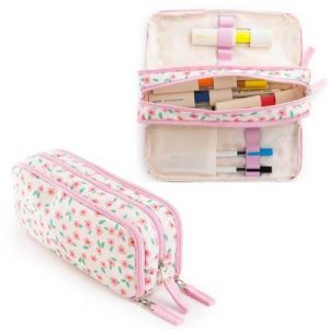 Triple Zip Pencil Pouch - Pink Wildflower, School Supplies