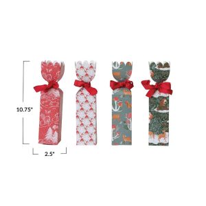 Storied Home Tall Paper Gift Boxes with Woodland Flora and Fauna Pattern and Red Ribbons, Multicolor, Set of 4