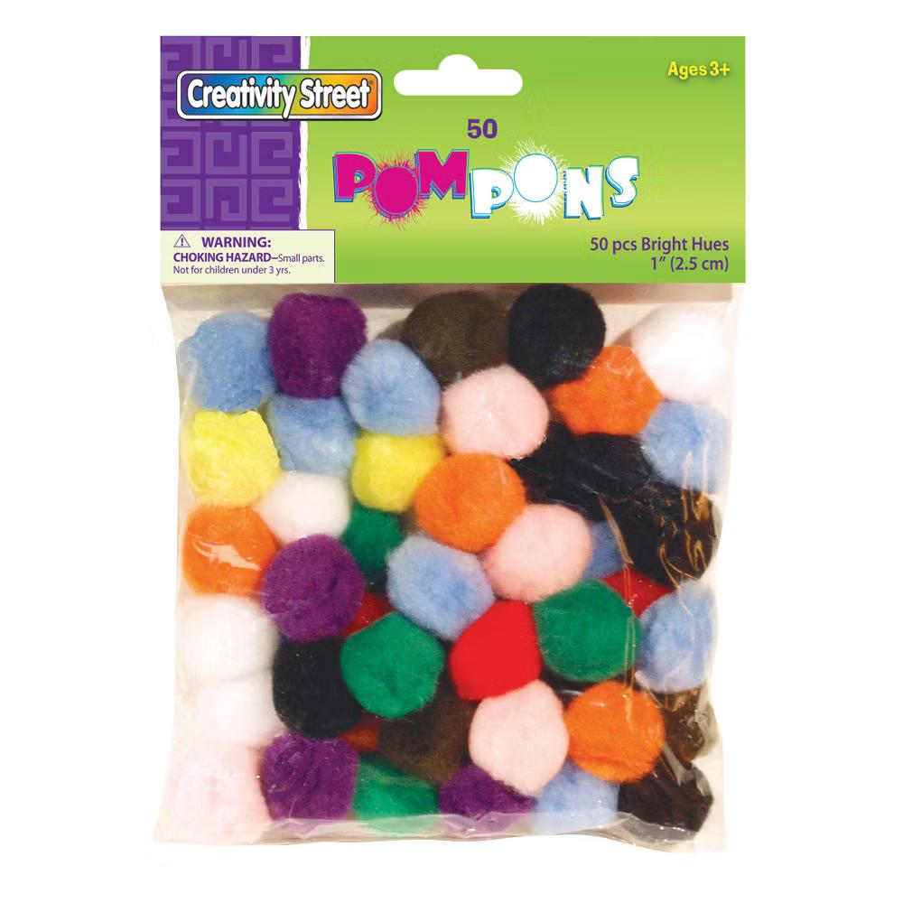 Pom Pons, Bright Hues, 1", 50 Per Pack, 12 Packs