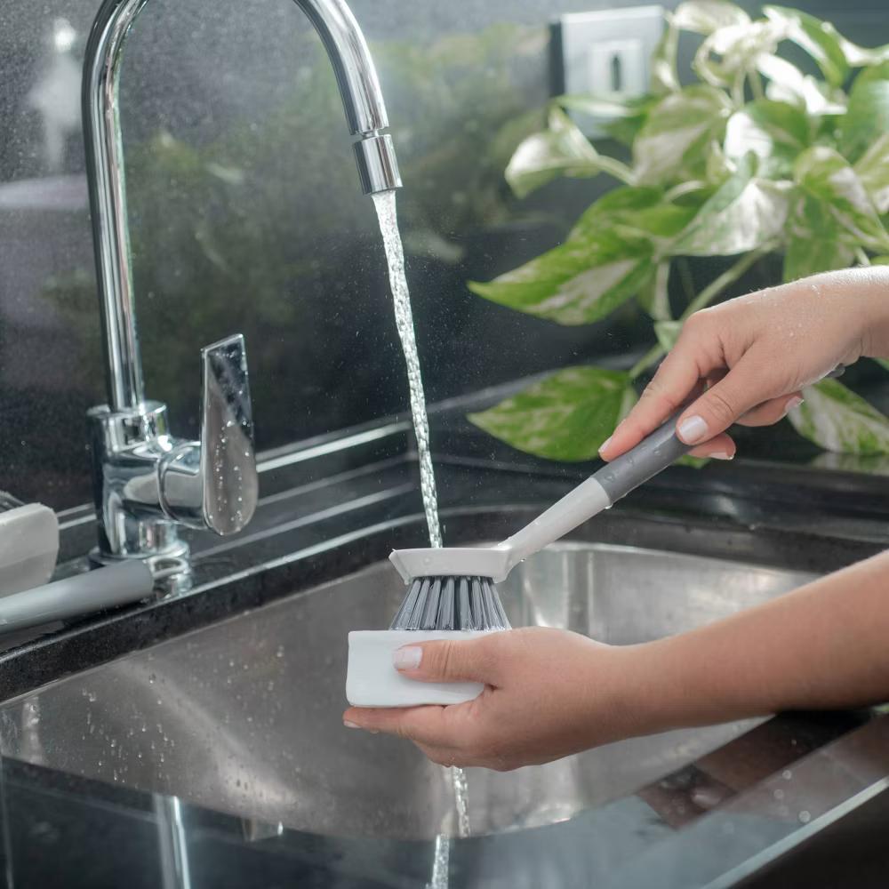 OU Cleaning Scrub Brush, Heavy Duty Cleaning Scrubber Brush for Bathroom & Kitchen, Nonslip Soft Silicone Grip Handle & Built-In Scraper - Image 7