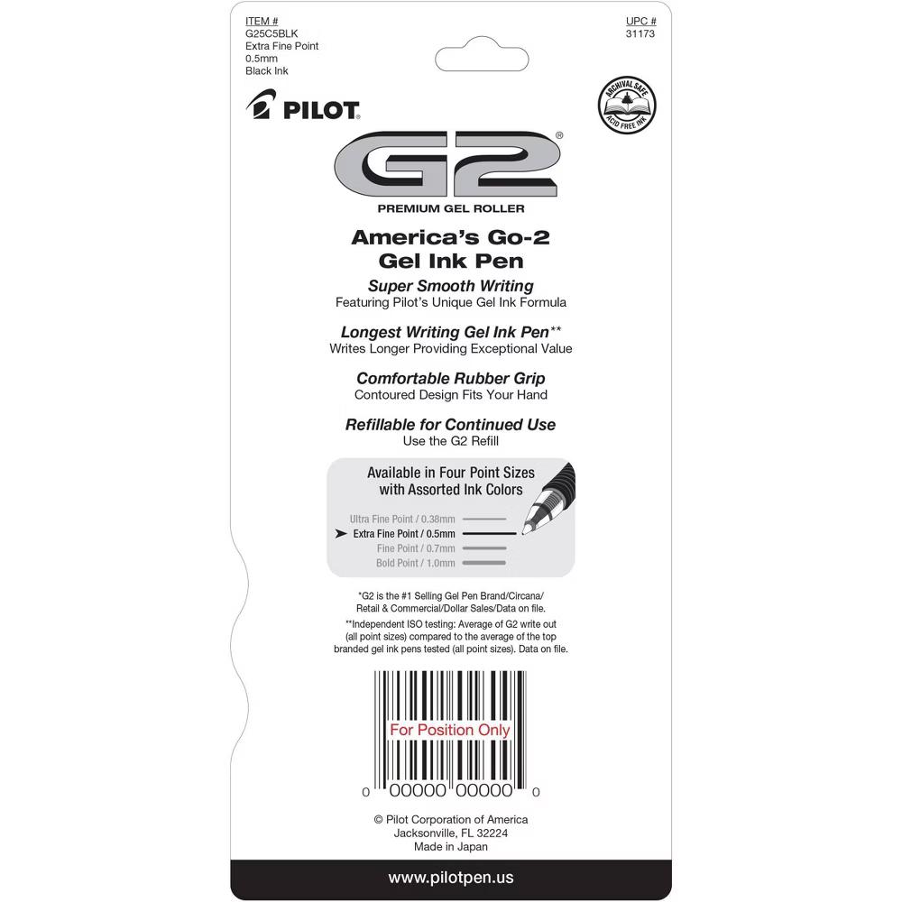 5pk G2 Gel Pens Extra Fine Point 0.5mm Black Ink
