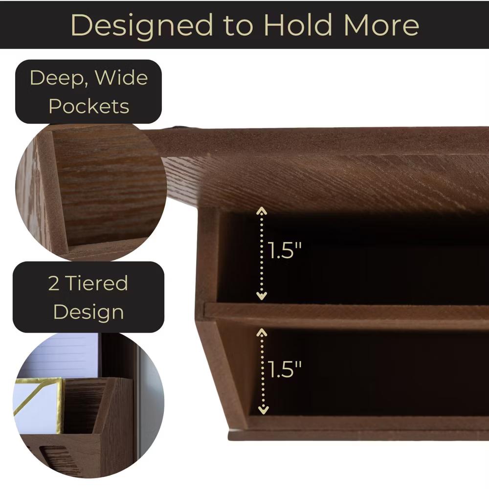 Wall Mounted Mail Organizer with 2 Slots and 3 Hooks – Multiple Finishes – MDF Wood - Image 4