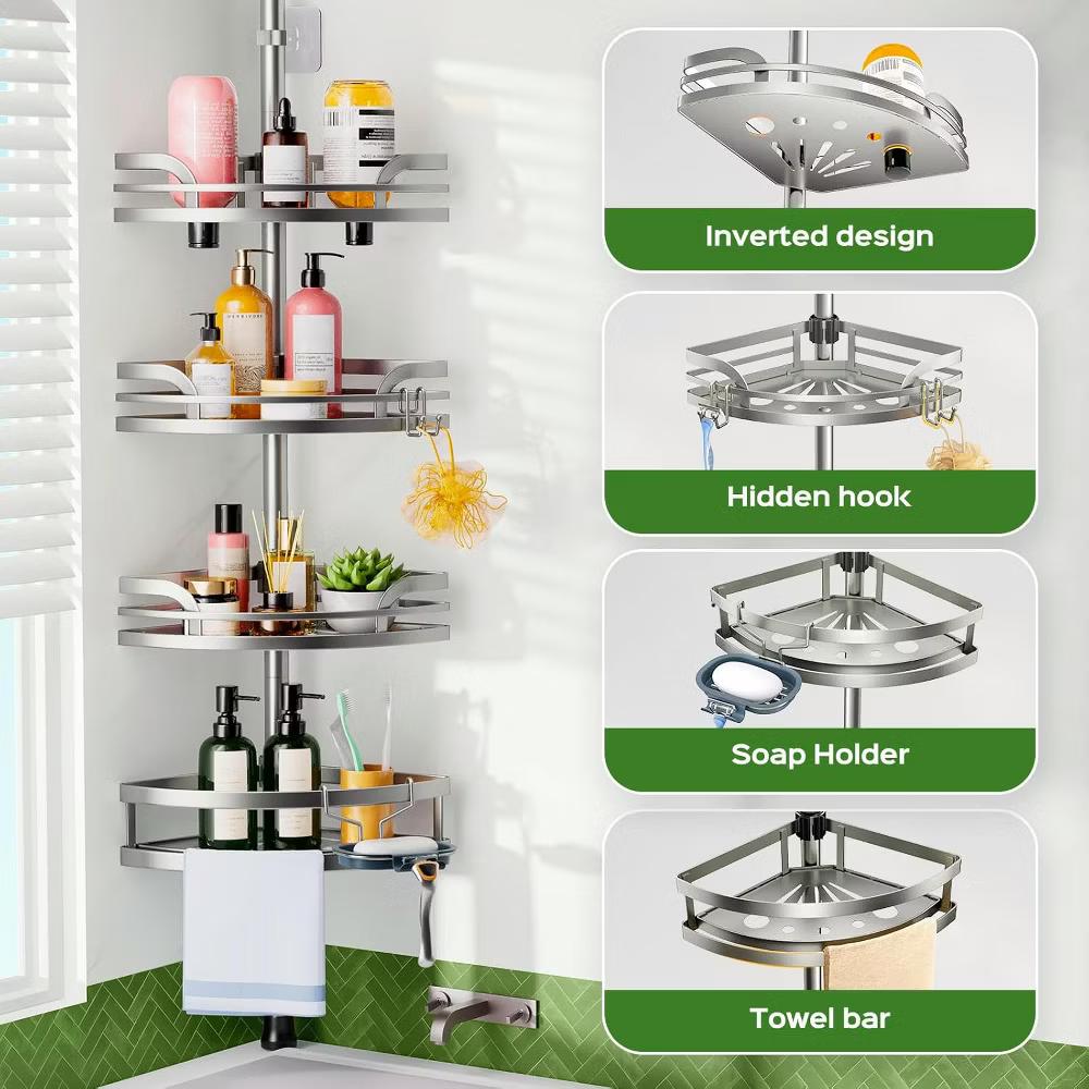 Adjustable Tension Pole Shower Shelf, 4-Tier Corner Caddy with ABS Baskets, No Drill Bathroom Storage - Image 3