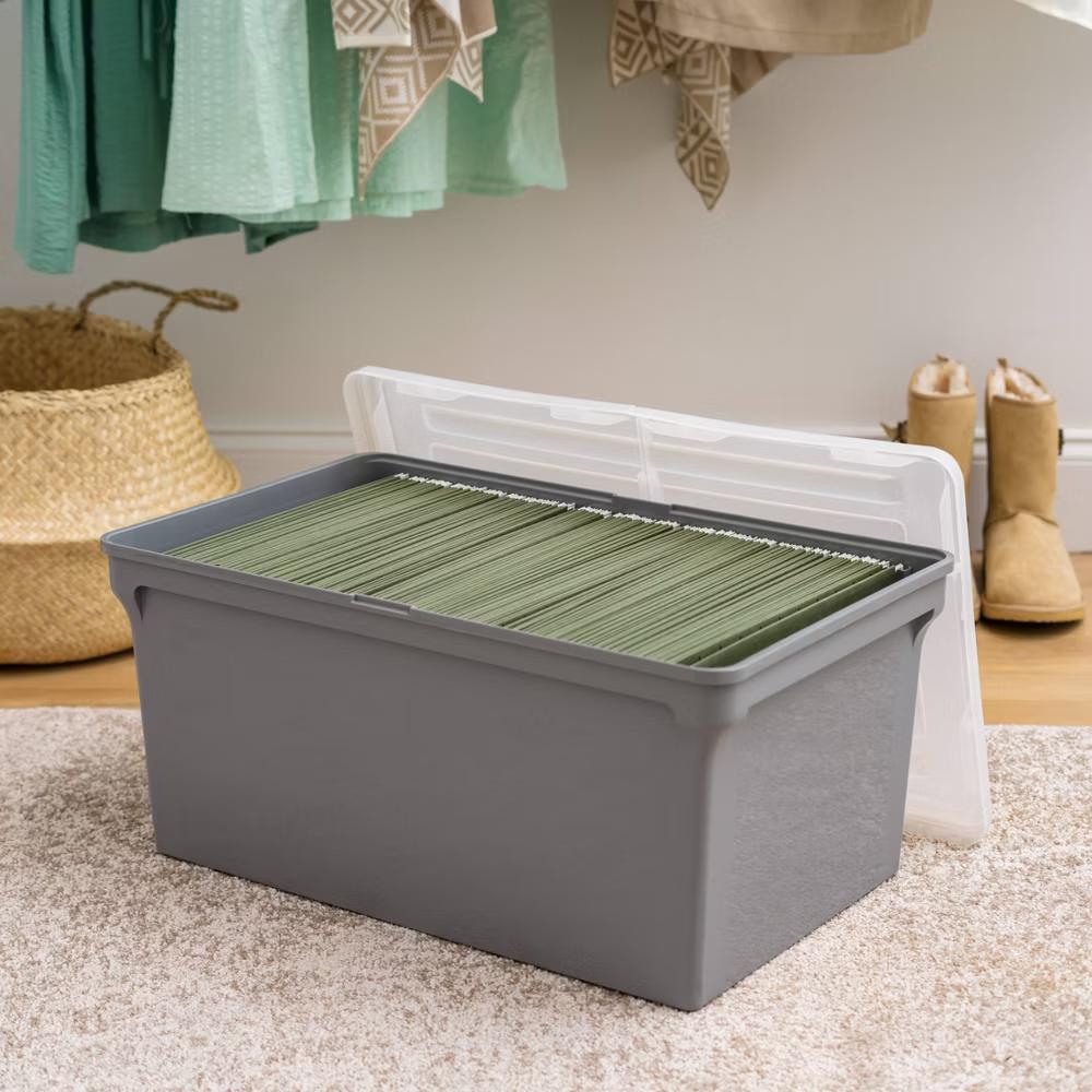 22''x13''x10'' 4pc Split Lid Plastic Storage Bins File Boxes Gray - Image 8