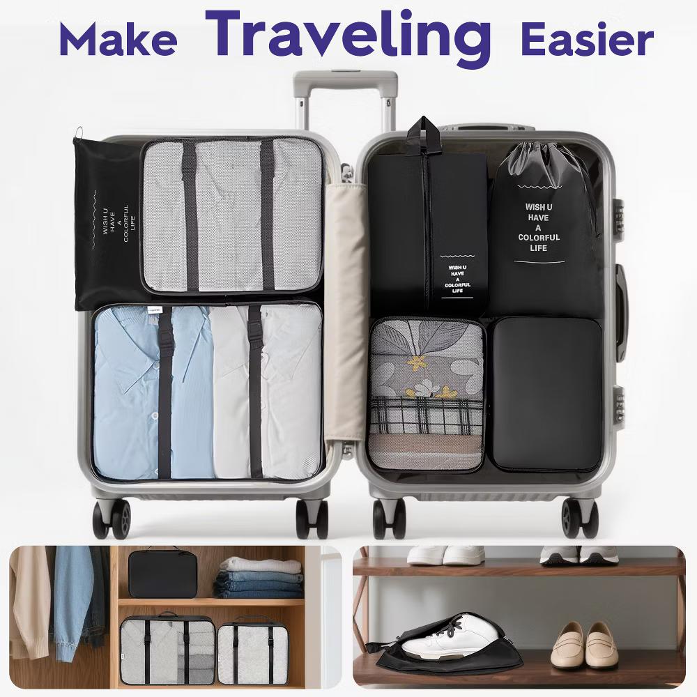 8pc Packing Cubes For Travel, Hanging Toiletries Travel Bags Makeup, Suitcase Luggage Organizer Bags, Travel Cubes Set, Black