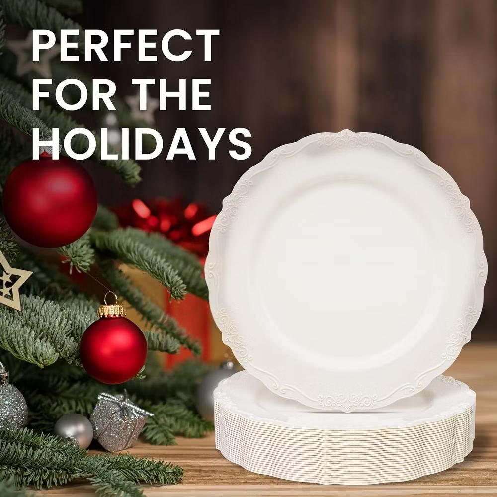 Juvale Cream Disposable Dinner Plates, 25-Pack, 10 In Vintage Plastic Plates for Weddings, Bridal Showers, Parties & Special Events - Image 2