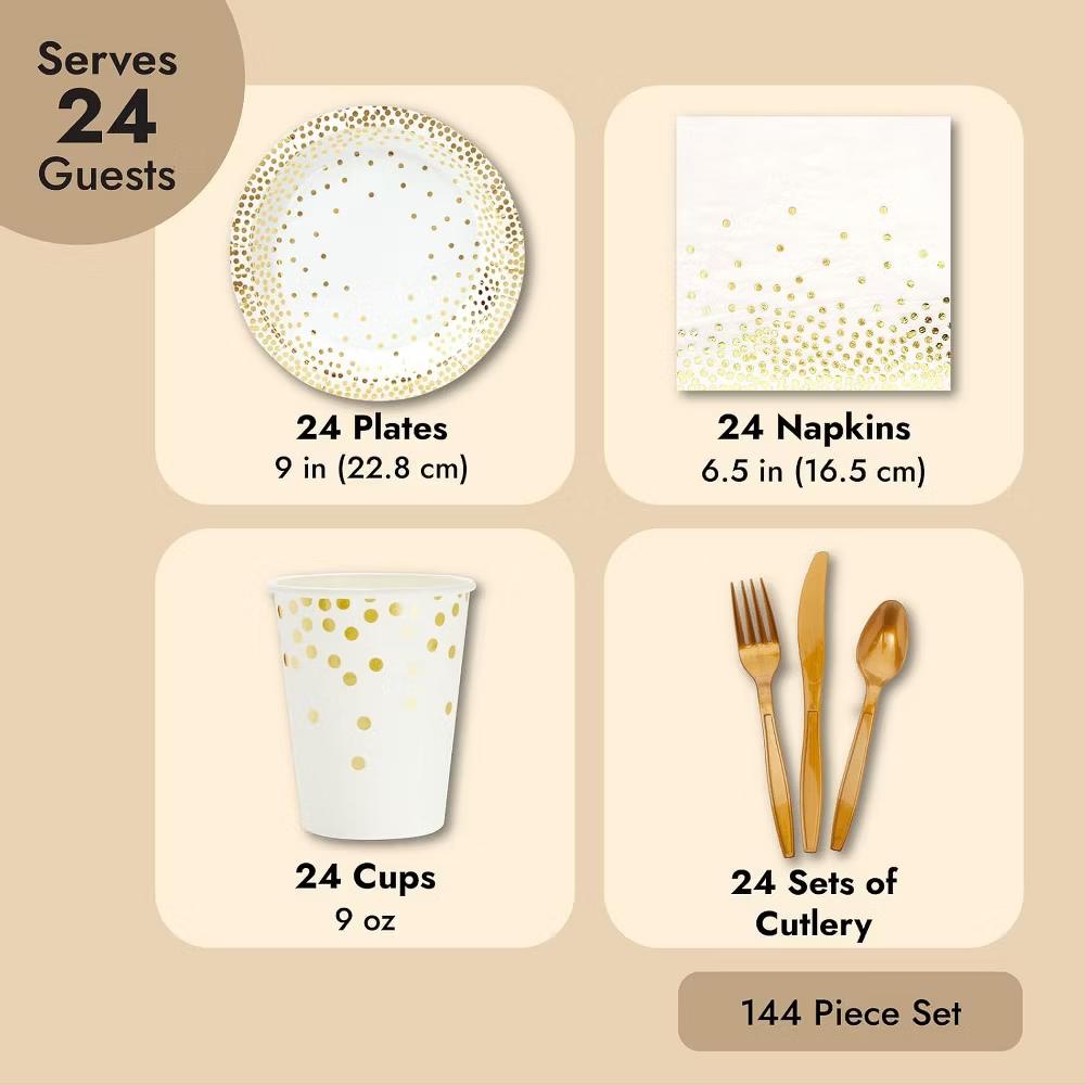Juvale Gold Confetti Party Tableware Set, 144 Pieces, Serves 24, Plates, Cups, Napkins & Cutlery for Birthdays, Bridal Showers & Parties - Image 9