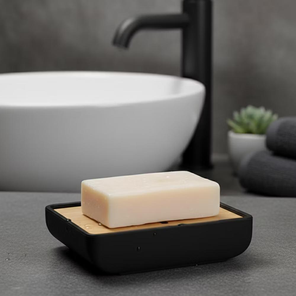 French Home Goods Minimalist Hand Soap Dish Rubber and Wood - Image 8