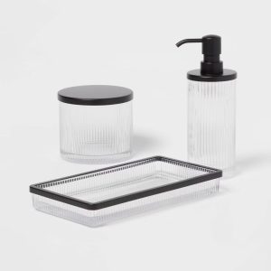 Ribbed Glass Tray Black - Metal & Glass Vanity Organizer, Easy to Clean