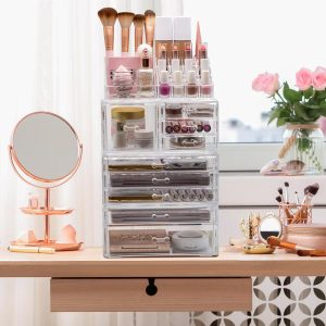 4-piece Makeup and Jewelry Storage Case Display - Spacious Design - Great for Bathroom, Dresser, Vanity and Countertop