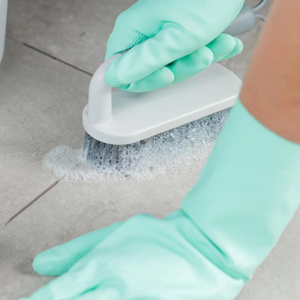 OU Scrub Brush with Ergonomic Handle, All Purpose Heavy Duty Cleaning Scrubber for Bathroom & Kitchen with Nonslip Handle, Scraper Edge & Hanging Loop - Image 2
