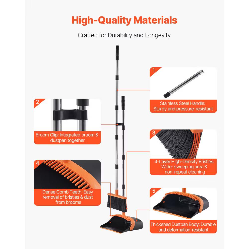 VEVOR Broom and Dustpan Set, Heavy Duty Dustpan and Broom Combo with Self-Cleaning Teeth, Metal Upright Standing Dust Pan with Long Handle, Black - Image 5