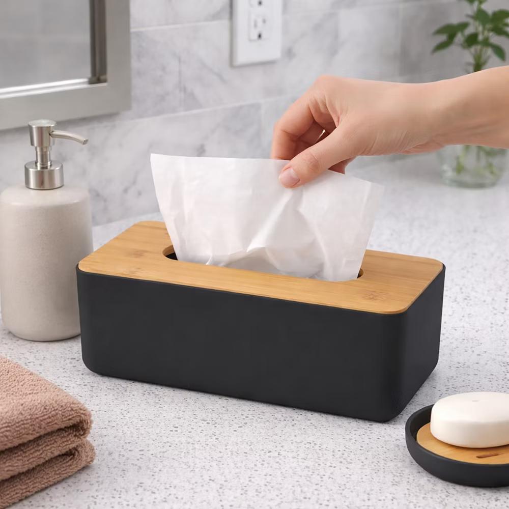 French Home Goods White Tissue Box Cover Padang with Bamboo Top - Elegant Design for Home and Office - Enhance Décor and Organization - Image 7