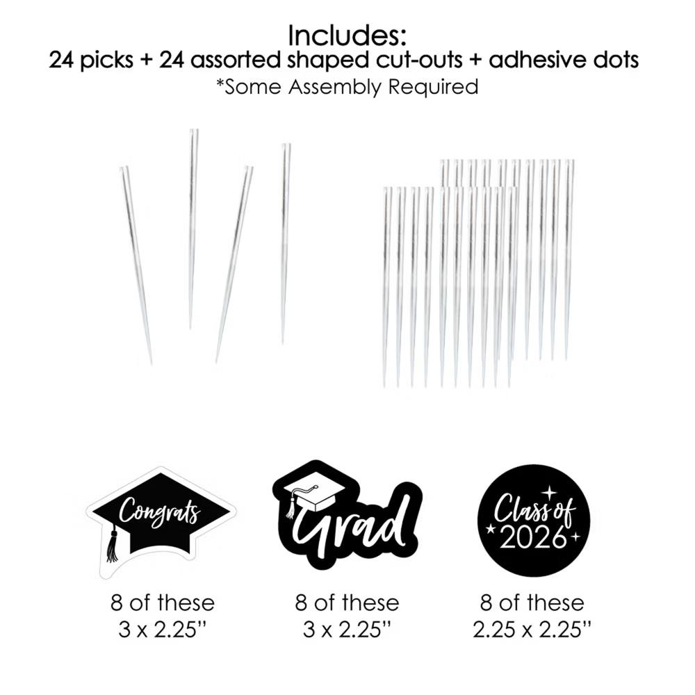 Black and White 2026 Graduation Party - Dessert Cupcake Toppers - Clear Treat Picks - Set of 24 - Image 6
