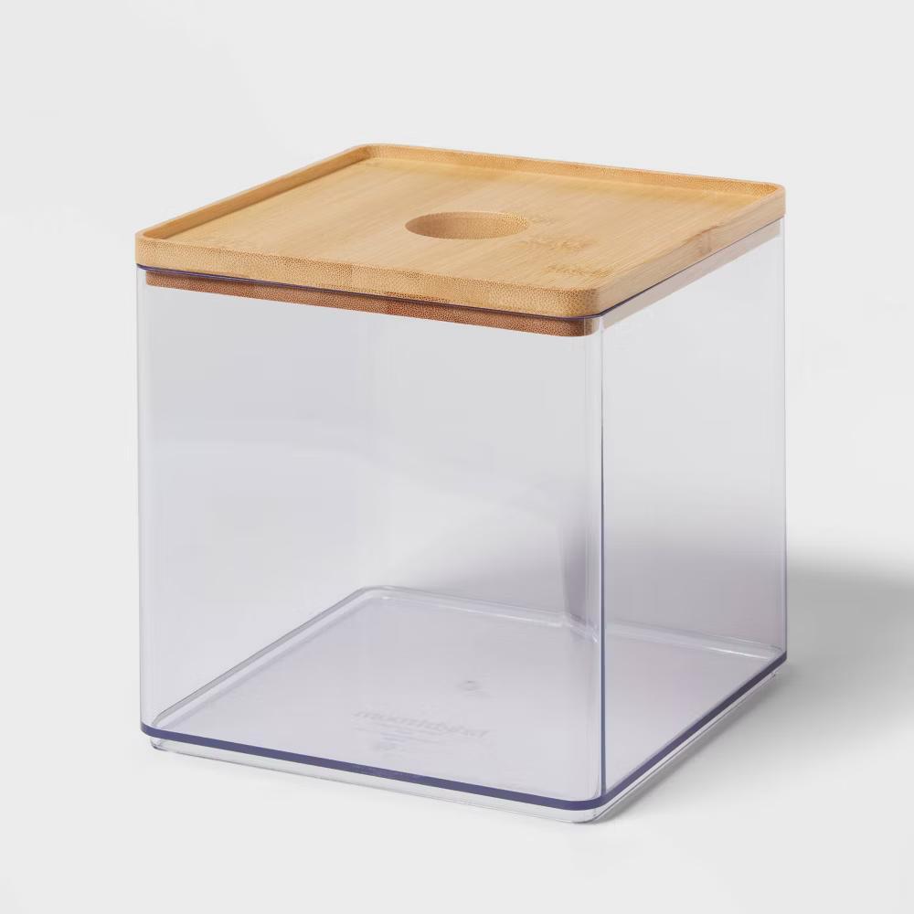 Clear Canister Large with Bamboo Lid - Bathroom Container with Lid, Qtip Holder, 6"x6"x6" Plastic - Image 2