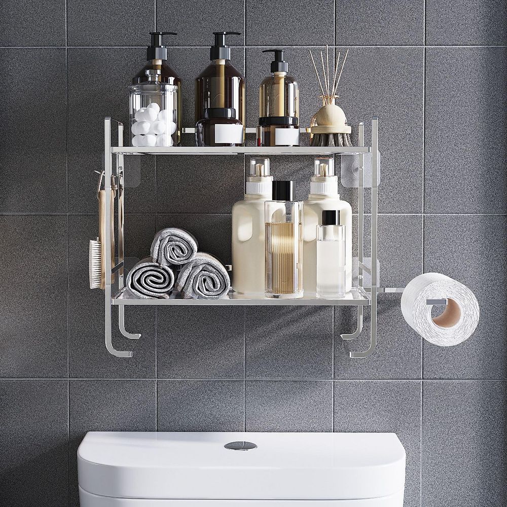 Over The Toilet Storage Shelf, 2 Tier Bathroom Organizers and Storage With Paper Holder & 2 Hooks, Wall Mounted Back of Toilet Shelf Organizer - Image 3